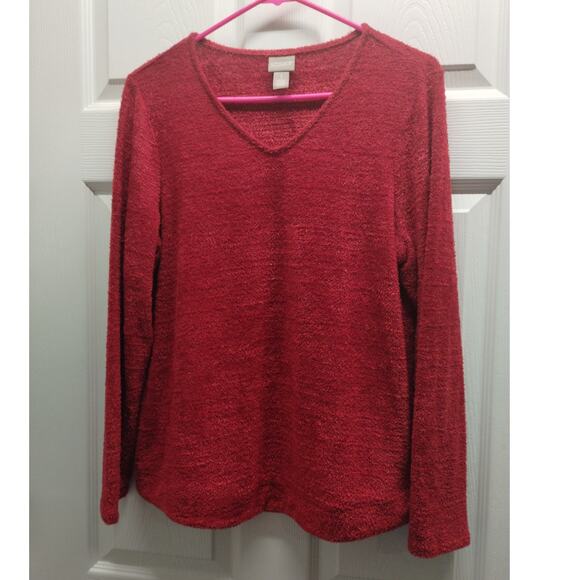 Chico's Size 1 (Medium) Red Fuzzy Soft V-Neck Pullover Lightweight Thin Sweater - Picture 1 of 5